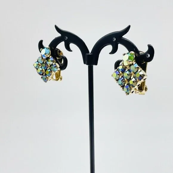 Vintage Square Aurora Borealis Earrings Gold Tone Clip On Glam Bling Sparkle - Picture 5 of 9